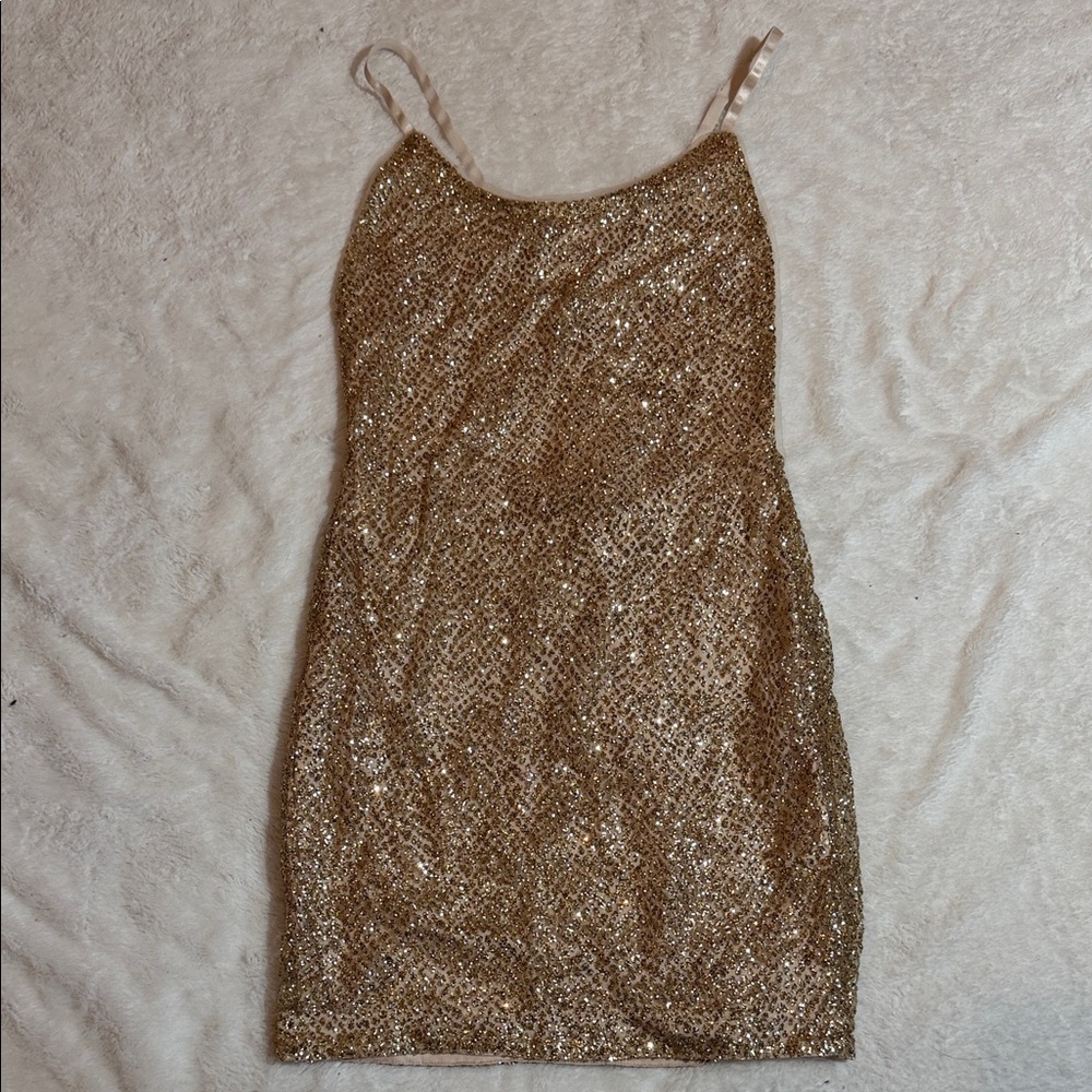 AKIRA Gold Glitter Backless Bodycon Dress